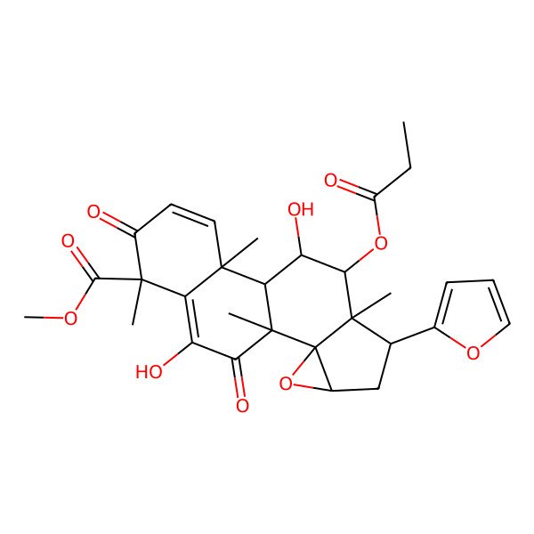 2D Structure of Methyl 6-(furan-2-yl)-9,17-dihydroxy-1,7,11,15-tetramethyl-14,18-dioxo-8-propanoyloxy-3-oxapentacyclo[8.8.0.02,4.02,7.011,16]octadeca-12,16-diene-15-carboxylate