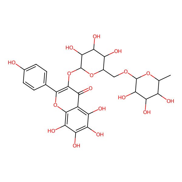 2D Structure of 5,6,7,8-tetrahydroxy-2-(4-hydroxyphenyl)-3-[(2S,3R,4R,5S,6R)-3,4,5-trihydroxy-6-[[(2R,3S,4S,5R,6S)-3,4,5-trihydroxy-6-methyloxan-2-yl]oxymethyl]oxan-2-yl]oxychromen-4-one
