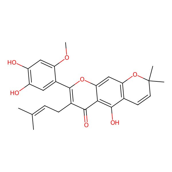 2D Structure of 8-(4,5-Dihydroxy-2-methoxyphenyl)-5-hydroxy-2,2-dimethyl-7-(3-methylbut-2-enyl)pyrano[3,2-g]chromen-6-one