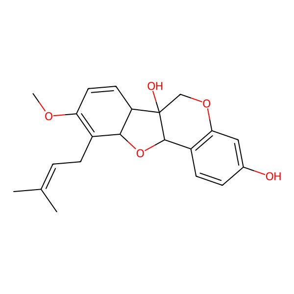 2D Structure of (6aS,6bR,10aR,11aS)-9-methoxy-10-(3-methylbut-2-enyl)-6,6b,10a,11a-tetrahydro-[1]benzofuro[3,2-c]chromene-3,6a-diol