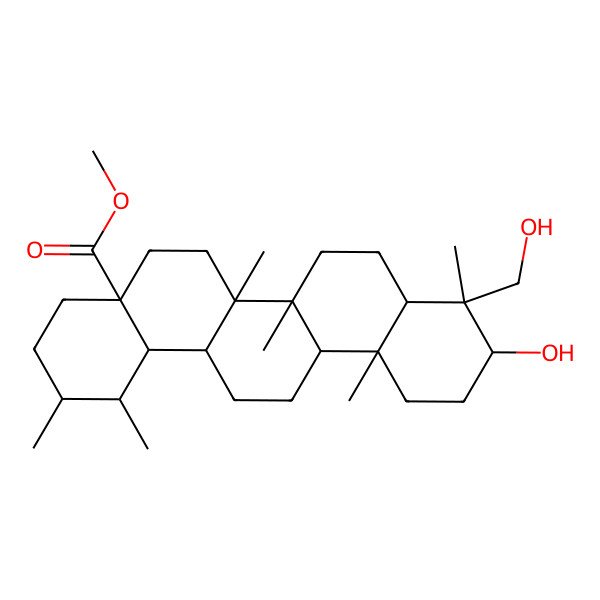 2D Structure of methyl (1S,2R,4aS,6aR,6aR,6bR,8aR,9R,10S,12aR,14aR,14bS)-10-hydroxy-9-(hydroxymethyl)-1,2,6a,6b,9,12a-hexamethyl-2,3,4,5,6,6a,7,8,8a,10,11,12,13,14,14a,14b-hexadecahydro-1H-picene-4a-carboxylate 2D Structure of methyl (1S,2R,4aS,6aR,6aR,6bR,8aR,9R,10S,12aR,14aR,14bS)-10-hydroxy-9-(hydroxymethyl)-1,2,6a,6b,9,12a-hexamethyl-2,3,4,5,6,6a,7,8,8a,10,11,12,13,14,14a,14b-hexadecahydro-1H-picene-4a-carboxylate