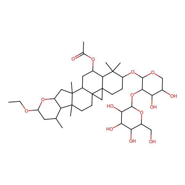 2D Structure of [18-[4,5-Dihydroxy-3-[3,4,5-trihydroxy-6-(hydroxymethyl)oxan-2-yl]oxyoxan-2-yl]oxy-8-ethoxy-4,6,12,17,17-pentamethyl-9-oxahexacyclo[11.9.0.01,21.04,12.05,10.016,21]docosan-15-yl] acetate