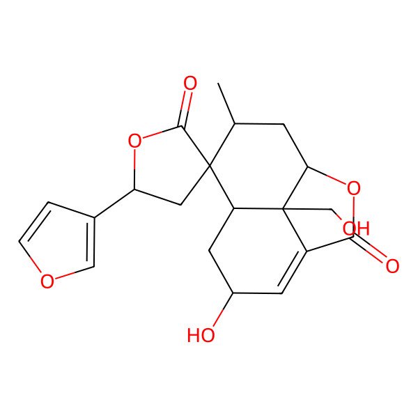 2D Structure of (1R,5'S,6R,8S,9R,10R,12R)-5'-(furan-3-yl)-6-hydroxy-12-(hydroxymethyl)-10-methylspiro[2-oxatricyclo[6.3.1.04,12]dodec-4-ene-9,3'-oxolane]-2',3-dione