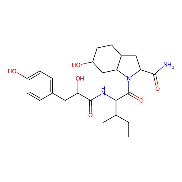 2D Structure of (2S,3aS,6R,7aS)-6-hydroxy-1-[(2S,3R)-2-[[(2R)-2-hydroxy-3-(4-hydroxyphenyl)propanoyl]amino]-3-methylpentanoyl]-2,3,3a,4,5,6,7,7a-octahydroindole-2-carboxamide