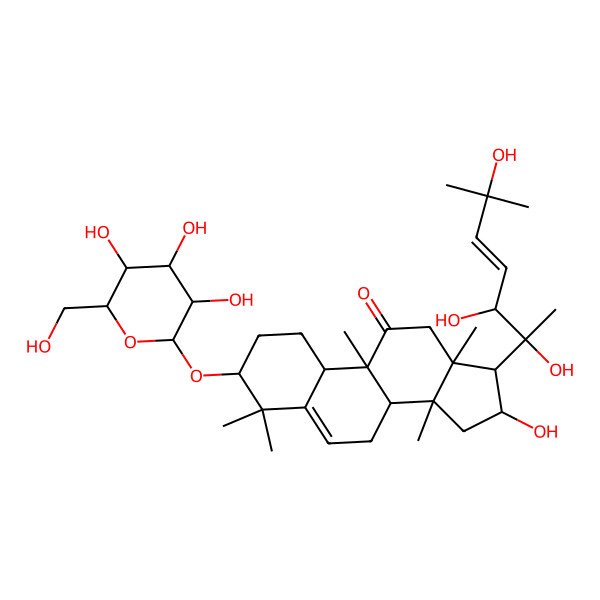 2D Structure of (3R,8S,9R,10R,13R,14S,16R,17R)-16-hydroxy-4,4,9,13,14-pentamethyl-3-[(2R,3R,4S,5S,6R)-3,4,5-trihydroxy-6-(hydroxymethyl)oxan-2-yl]oxy-17-[(E,2R,3S)-2,3,6-trihydroxy-6-methylhept-4-en-2-yl]-1,2,3,7,8,10,12,15,16,17-decahydrocyclopenta[a]phenanthren-11-one
