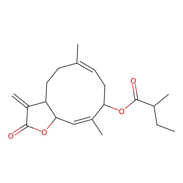 2D Structure of (6,10-Dimethyl-3-methylidene-2-oxo-3a,4,5,8,9,11a-hexahydrocyclodeca[b]furan-9-yl) 2-methylbutanoate