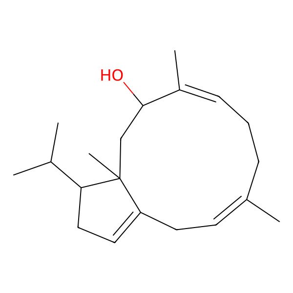 2D Structure of 6,10,12a-trimethyl-1-propan-2-yl-2,4,7,8,11,12-hexahydro-1H-cyclopenta[11]annulen-11-ol