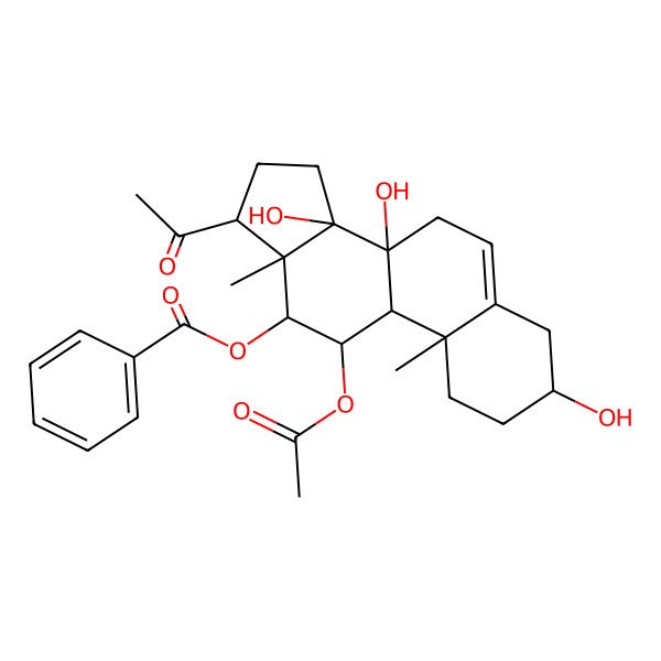2D Structure of (17-acetyl-11-acetyloxy-3,8,14-trihydroxy-10,13-dimethyl-2,3,4,7,9,11,12,15,16,17-decahydro-1H-cyclopenta[a]phenanthren-12-yl) benzoate