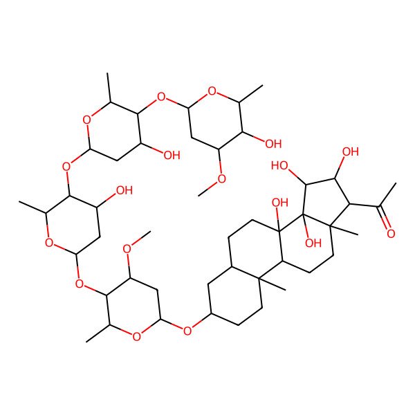 2D Structure of 1-[(3S,5S,8S,9R,10S,13R,14S,15R,16S,17S)-8,14,15,16-tetrahydroxy-3-[(2R,4S,5R,6R)-5-[(2S,4R,5S,6R)-4-hydroxy-5-[(2S,4R,5S,6R)-4-hydroxy-5-[(2S,4S,5R,6R)-5-hydroxy-4-methoxy-6-methyloxan-2-yl]oxy-6-methyloxan-2-yl]oxy-6-methyloxan-2-yl]oxy-4-methoxy-6-methyloxan-2-yl]oxy-10,13-dimethyl-2,3,4,5,6,7,9,11,12,15,16,17-dodecahydro-1H-cyclopenta[a]phenanthren-17-yl]ethanone