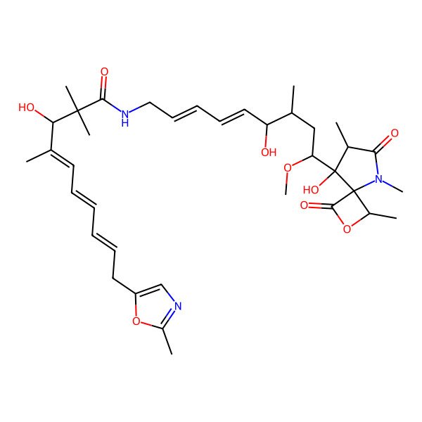 2D Structure of (3S,4Z,6Z,8E)-3-hydroxy-N-[(2E,4E,6R,7S,9R)-6-hydroxy-9-[(1S,4R,7S,8S)-8-hydroxy-1,5,7-trimethyl-3,6-dioxo-2-oxa-5-azaspiro[3.4]octan-8-yl]-9-methoxy-7-methylnona-2,4-dienyl]-2,2,4-trimethyl-10-(2-methyl-1,3-oxazol-5-yl)deca-4,6,8-trienamide
