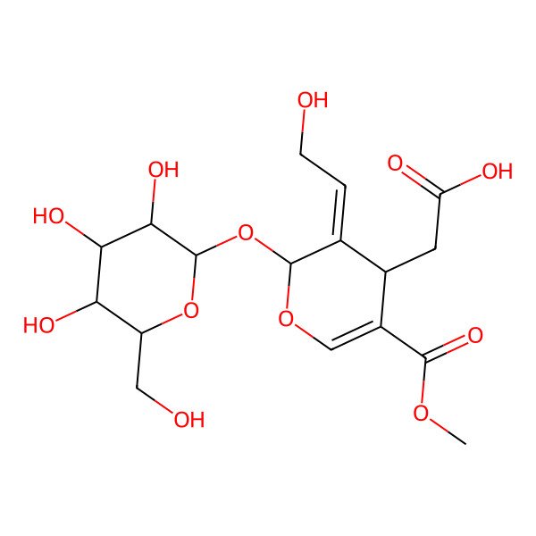 2D Structure of 2-[(2S,3E,4S)-3-(2-Hydroxyethylidene)-5-methoxycarbonyl-2-[(2S,3R,4S,5S,6R)-3,4,5-trihydroxy-6-(hydroxymethyl)oxan-2-yl]oxy-4H-pyran-4-yl]acetic acid