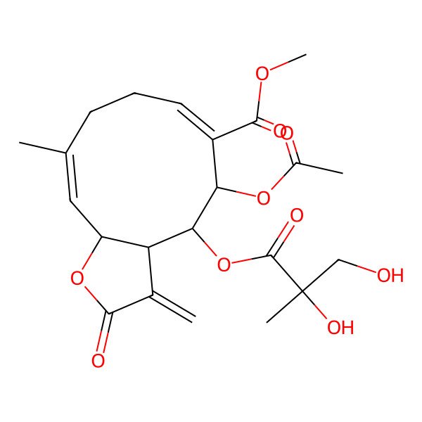2D Structure of methyl (3aS,4S,5S,6E,10E,11aR)-5-acetyloxy-4-[(2S)-2,3-dihydroxy-2-methylpropanoyl]oxy-10-methyl-3-methylidene-2-oxo-3a,4,5,8,9,11a-hexahydrocyclodeca[b]furan-6-carboxylate