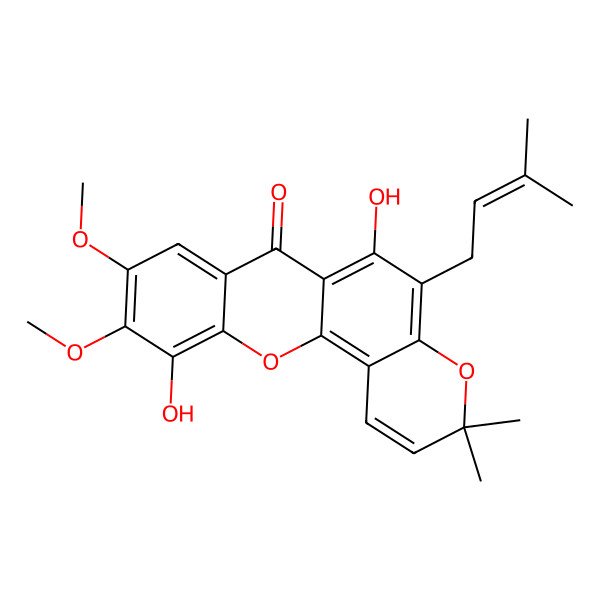 2D Structure of 6,11-Dihydroxy-9,10-dimethoxy-3,3-dimethyl-5-(3-methylbut-2-enyl)pyrano[2,3-c]xanthen-7-one