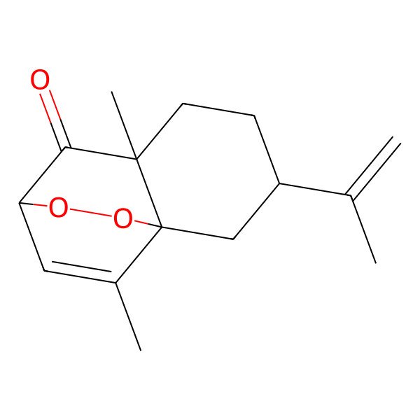 2D Structure of 6,11-Dimethyl-3-prop-1-en-2-yl-9,10-dioxatricyclo[6.2.2.01,6]dodec-11-en-7-one