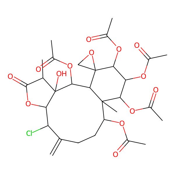2D Structure of [(1R,2S,3R,4R,7S,8S,12R,13R,14R,15S,16R,17R)-2,14,15,16-tetraacetyloxy-8-chloro-3-hydroxy-4,13-dimethyl-9-methylidene-5-oxospiro[6-oxatricyclo[11.4.0.03,7]heptadecane-17,2'-oxirane]-12-yl] acetate