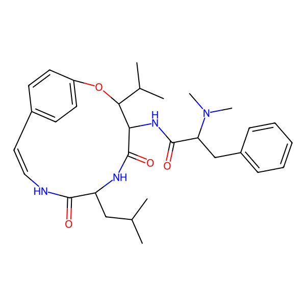 2D Structure of (2S)-2-(dimethylamino)-N-[(3R,4S,7S,10E)-7-(2-methylpropyl)-5,8-dioxo-3-propan-2-yl-2-oxa-6,9-diazabicyclo[10.2.2]hexadeca-1(14),10,12,15-tetraen-4-yl]-3-phenylpropanamide