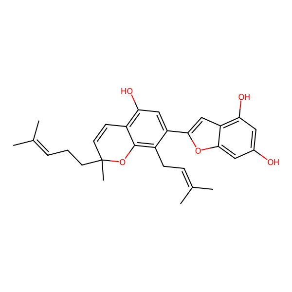 2D Structure of 2-[(2R)-5-hydroxy-2-methyl-8-(3-methylbut-2-enyl)-2-(4-methylpent-3-enyl)chromen-7-yl]-1-benzofuran-4,6-diol