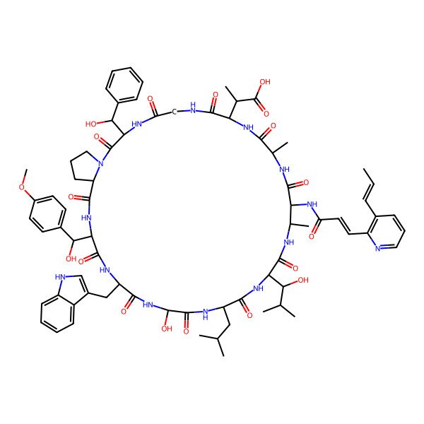 2D Structure of 2-[25-hydroxy-31-[hydroxy-(4-methoxyphenyl)methyl]-19-(1-hydroxy-2-methylpropyl)-3-[hydroxy(phenyl)methyl]-28-(1H-indol-3-ylmethyl)-12,16-dimethyl-22-(2-methylpropyl)-2,5,8,11,14,18,21,24,27,30,33-undecaoxo-15-[3-(3-prop-1-enyl-2-pyridinyl)prop-2-enoylamino]-1,4,7,10,13,17,20,23,26,29,32-undecazabicyclo[32.3.0]heptatriacontan-9-yl]propanoic acid