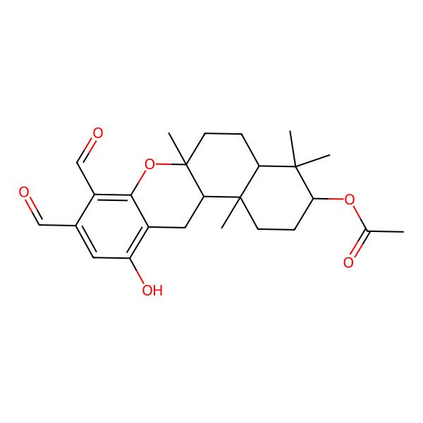 2D Structure of Acetic acid (3S,4aR,6aS,12aR,12bS)-8,9-diformyl-11-hydroxy-4,4,6a,12b-tetramethyl-1,3,4,4a,5,6,6a,12,12a,12b-decahydro-2H-benzo[a]xanthen-3-yl ester