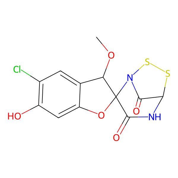 2D Structure of (2R,3S,5'R)-5-chloro-6-hydroxy-3-methoxyspiro[3H-1-benzofuran-2,2'-6,7-dithia-1,4-diazabicyclo[3.2.1]octane]-3',8'-dione