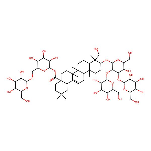 2D Structure of [(2S,3R,4S,5S,6R)-3,4,5-trihydroxy-6-[[(2S,3R,4S,5S,6R)-3,4,5-trihydroxy-6-(hydroxymethyl)oxan-2-yl]oxymethyl]oxan-2-yl] (4aS,6aR,6aS,6bR,8aR,9R,10S,12aR,14bS)-10-[(2R,3R,4S,5R,6R)-5-hydroxy-6-(hydroxymethyl)-3,4-bis[[(2S,3R,4S,5S,6R)-3,4,5-trihydroxy-6-(hydroxymethyl)oxan-2-yl]oxy]oxan-2-yl]oxy-9-(hydroxymethyl)-2,2,6a,6b,9,12a-hexamethyl-1,3,4,5,6,6a,7,8,8a,10,11,12,13,14b-tetradecahydropicene-4a-carboxylate