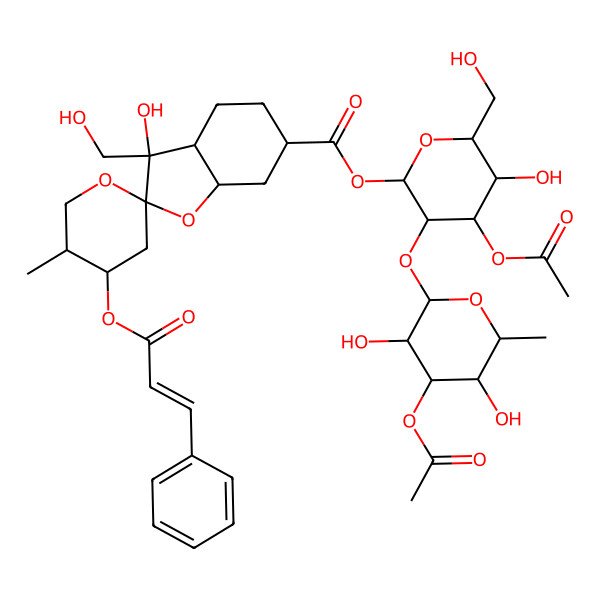 2D Structure of [4-Acetyloxy-3-(4-acetyloxy-3,5-dihydroxy-6-methyloxan-2-yl)oxy-5-hydroxy-6-(hydroxymethyl)oxan-2-yl] 3-hydroxy-3-(hydroxymethyl)-5'-methyl-4'-(3-phenylprop-2-enoyloxy)spiro[3a,4,5,6,7,7a-hexahydro-1-benzofuran-2,2'-oxane]-6-carboxylate