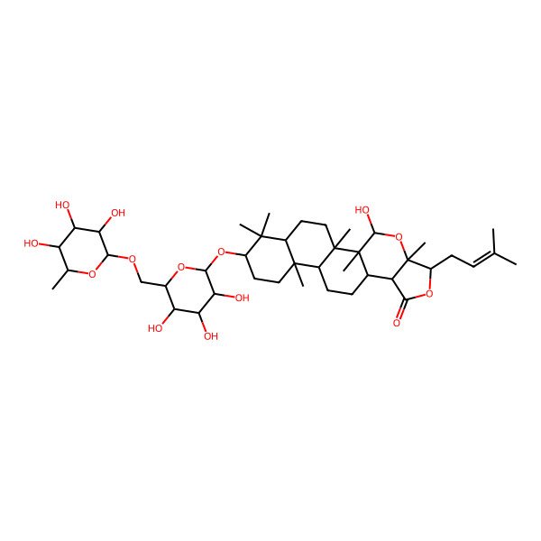 2D Structure of 3-Hydroxy-1,2,5,14,18,18-hexamethyl-6-(3-methylbut-2-enyl)-17-[3,4,5-trihydroxy-6-[(3,4,5-trihydroxy-6-methyloxan-2-yl)oxymethyl]oxan-2-yl]oxy-4,7-dioxapentacyclo[11.8.0.02,10.05,9.014,19]henicosan-8-one