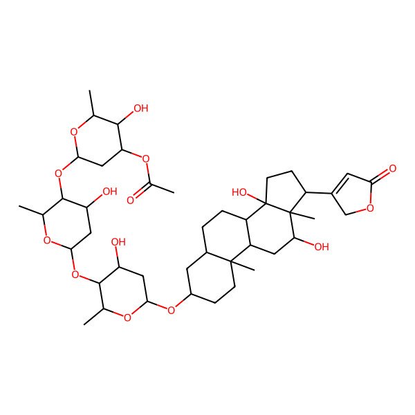 2D Structure of 3-{[3-O-Acetyl-2,6-dideoxyhexopyranosyl-(1->4)-2,6-dideoxyhexopyranosyl-(1->4)-2,6-dideoxyhexopyranosyl]oxy}-12,14-dihydroxycard-20(22)-enolide