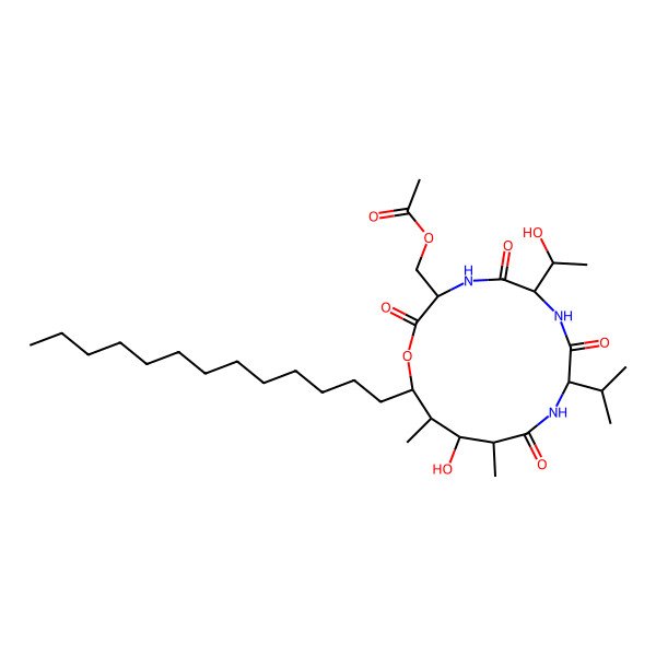 2D Structure of [(3S,6S,9S)-13-hydroxy-6-[(1R)-1-hydroxyethyl]-12,14-dimethyl-2,5,8,11-tetraoxo-9-propan-2-yl-15-tridecyl-1-oxa-4,7,10-triazacyclopentadec-3-yl]methyl acetate