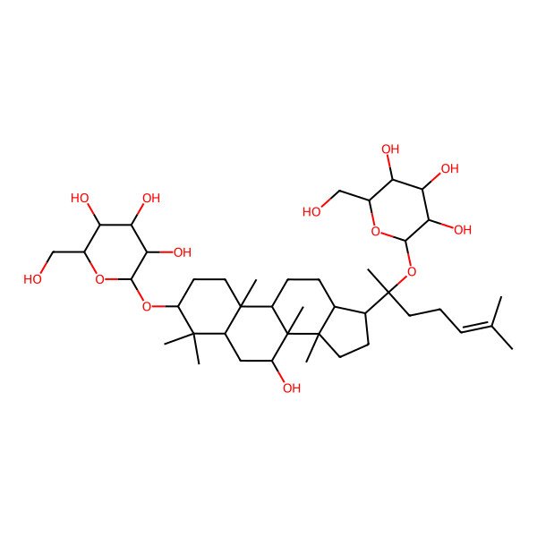 2D Structure of 2-(hydroxymethyl)-6-[[7-hydroxy-4,4,8,10,14-pentamethyl-17-[6-methyl-2-[3,4,5-trihydroxy-6-(hydroxymethyl)oxan-2-yl]oxyhept-5-en-2-yl]-2,3,5,6,7,9,11,12,13,15,16,17-dodecahydro-1H-cyclopenta[a]phenanthren-3-yl]oxy]oxane-3,4,5-triol