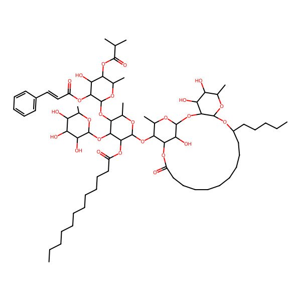 2D Structure of [5-[4-Hydroxy-6-methyl-5-(2-methylpropanoyloxy)-3-(3-phenylprop-2-enoyloxy)oxan-2-yl]oxy-6-methyl-2-[(4,5,26-trihydroxy-6,24-dimethyl-20-oxo-10-pentyl-2,7,9,21,25-pentaoxatricyclo[20.3.1.03,8]hexacosan-23-yl)oxy]-4-(3,4,5-trihydroxy-6-methyloxan-2-yl)oxyoxan-3-yl] dodecanoate