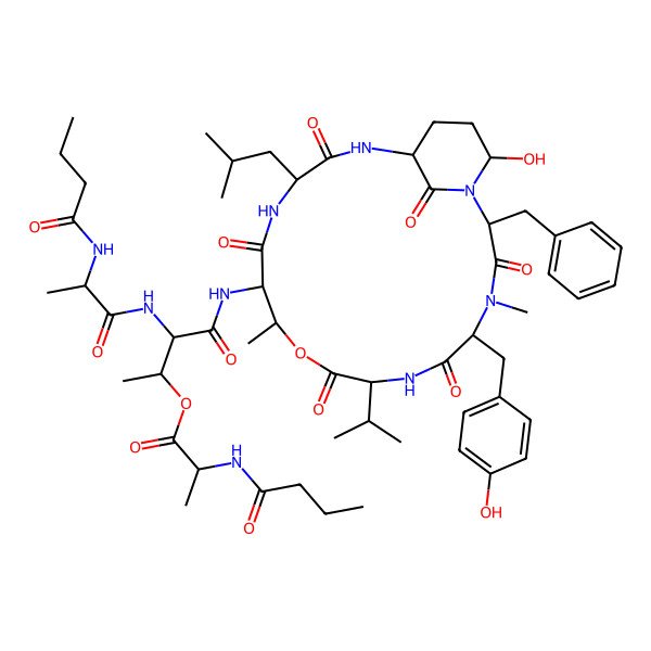 2D Structure of [4-[[2-Benzyl-21-hydroxy-5-[(4-hydroxyphenyl)methyl]-4,11-dimethyl-15-(2-methylpropyl)-3,6,9,13,16,22-hexaoxo-8-propan-2-yl-10-oxa-1,4,7,14,17-pentazabicyclo[16.3.1]docosan-12-yl]amino]-3-[2-(butanoylamino)propanoylamino]-4-oxobutan-2-yl] 2-(butanoylamino)propanoate