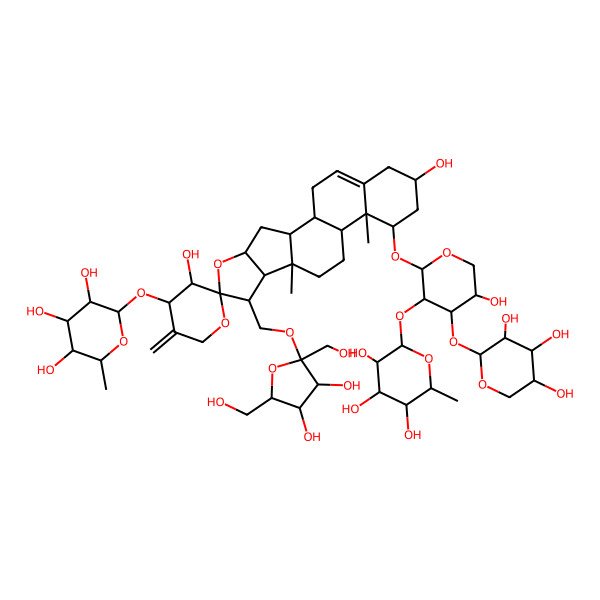 2D Structure of 2-[2-[7-[[3,4-Dihydroxy-2,5-bis(hydroxymethyl)oxolan-2-yl]oxymethyl]-3',16-dihydroxy-9,13-dimethyl-5'-methylidene-4'-(3,4,5-trihydroxy-6-methyloxan-2-yl)oxyspiro[5-oxapentacyclo[10.8.0.02,9.04,8.013,18]icos-18-ene-6,2'-oxane]-14-yl]oxy-5-hydroxy-4-(3,4,5-trihydroxyoxan-2-yl)oxyoxan-3-yl]oxy-6-methyloxane-3,4,5-triol