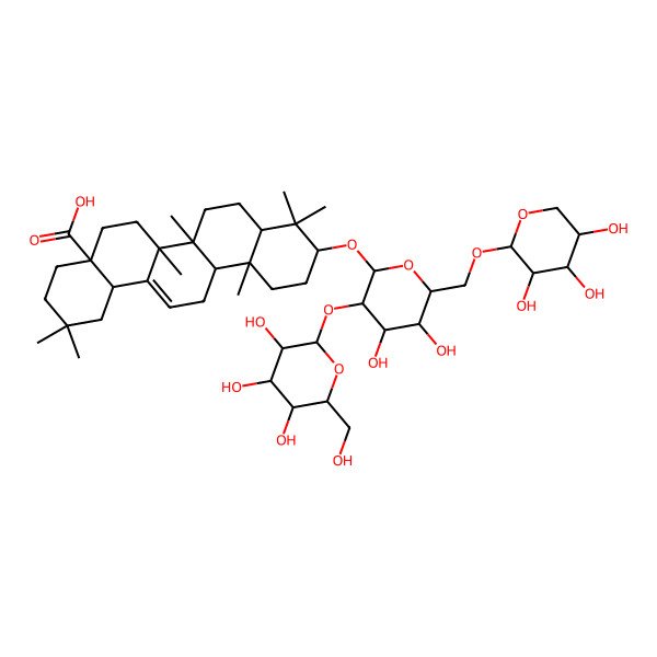 2D Structure of 10-[4,5-Dihydroxy-3-[3,4,5-trihydroxy-6-(hydroxymethyl)oxan-2-yl]oxy-6-[(3,4,5-trihydroxyoxan-2-yl)oxymethyl]oxan-2-yl]oxy-2,2,6a,6b,9,9,12a-heptamethyl-1,3,4,5,6,6a,7,8,8a,10,11,12,13,14b-tetradecahydropicene-4a-carboxylic acid
