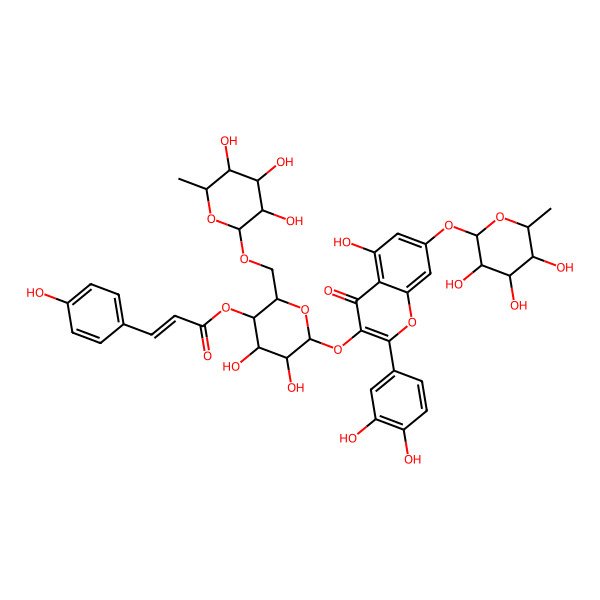 2D Structure of [(2S,3R,4S,5R,6S)-6-[2-(3,4-dihydroxyphenyl)-5-hydroxy-4-oxo-7-[(2S,3S,4S,5R,6S)-3,4,5-trihydroxy-6-methyloxan-2-yl]oxychromen-3-yl]oxy-4,5-dihydroxy-2-[[(2R,3R,4S,5R,6R)-3,4,5-trihydroxy-6-methyloxan-2-yl]oxymethyl]oxan-3-yl] (E)-3-(4-hydroxyphenyl)prop-2-enoate