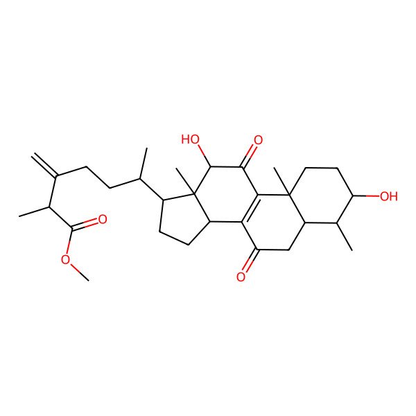 2D Structure of methyl 6-(3,12-dihydroxy-4,10,13-trimethyl-7,11-dioxo-2,3,4,5,6,12,14,15,16,17-decahydro-1H-cyclopenta[a]phenanthren-17-yl)-2-methyl-3-methylideneheptanoate