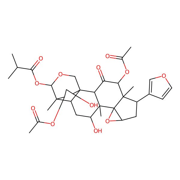2D Structure of [4,21-Diacetyloxy-6-(furan-3-yl)-12,19-dihydroxy-5,11,15-trimethyl-3-oxo-9,17-dioxahexacyclo[13.3.3.01,14.02,11.05,10.08,10]henicosan-16-yl] 2-methylpropanoate