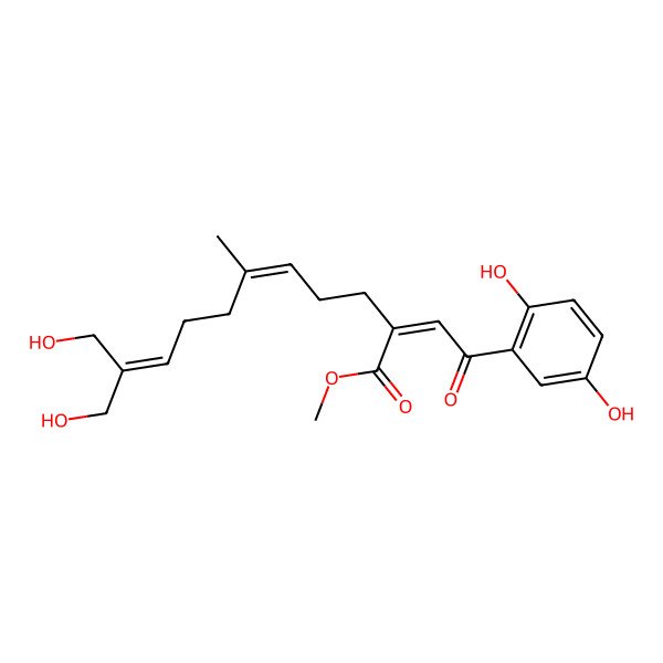 2D Structure of Methyl 2-[2-(2,5-dihydroxyphenyl)-2-oxoethylidene]-11-hydroxy-10-(hydroxymethyl)-6-methylundeca-5,9-dienoate