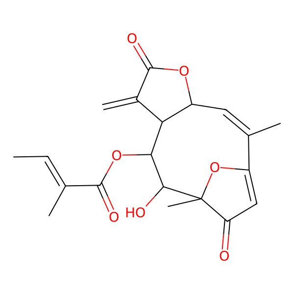 2D Structure of (10-Hydroxy-2,11-dimethyl-7-methylidene-6,12-dioxo-5,14-dioxatricyclo[9.2.1.04,8]tetradeca-1(13),2-dien-9-yl) 2-methylbut-2-enoate