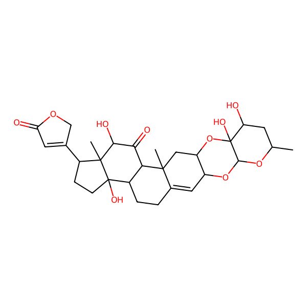 2D Structure of 9,10,17,22-tetrahydroxy-7,14,18-trimethyl-19-(5-oxo-2H-furan-3-yl)-4,6,11-trioxahexacyclo[12.11.0.03,12.05,10.015,23.018,22]pentacos-1-en-16-one