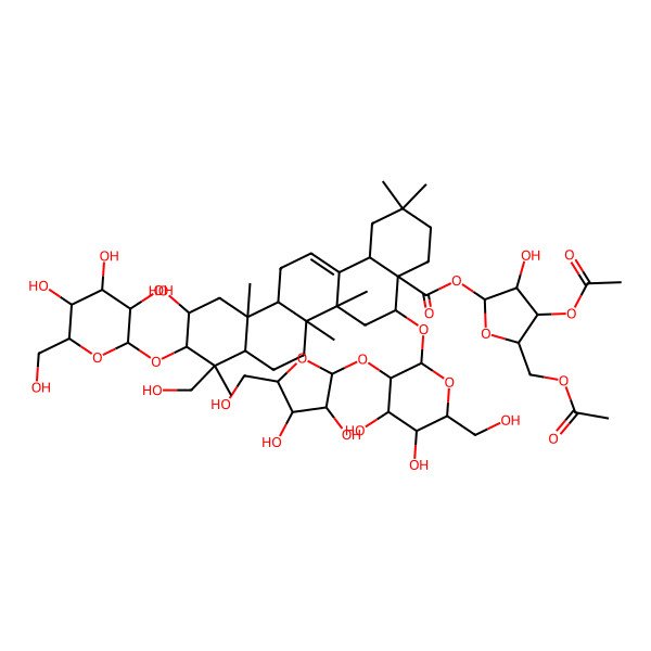 2D Structure of [4-Acetyloxy-5-(acetyloxymethyl)-3-hydroxyoxolan-2-yl] 5-[3-[3,4-dihydroxy-5-(hydroxymethyl)oxolan-2-yl]oxy-4,5-dihydroxy-6-(hydroxymethyl)oxan-2-yl]oxy-11-hydroxy-9-(hydroxymethyl)-2,2,6a,6b,9,12a-hexamethyl-10-[3,4,5-trihydroxy-6-(hydroxymethyl)oxan-2-yl]oxy-1,3,4,5,6,6a,7,8,8a,10,11,12,13,14b-tetradecahydropicene-4a-carboxylate