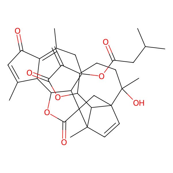2D Structure of [(1'R,2'R,3aR,4S,5'S,9'S,9aS,9bR,10'S,11'S)-2'-hydroxy-2',6,9,11'-tetramethyl-6'-methylidene-2,7,7'-trioxospiro[4,5,9a,9b-tetrahydro-3aH-azuleno[4,5-b]furan-3,15'-8-oxatetracyclo[9.2.2.01,10.05,9]pentadec-12-ene]-4-yl] 3-methylbutanoate