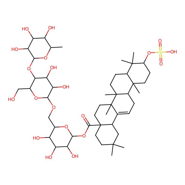 2D Structure of [(2S,3R,4S,5S,6R)-6-[[(2R,3R,4R,5S,6R)-3,4-dihydroxy-6-(hydroxymethyl)-5-[(2S,3R,4R,5R,6S)-3,4,5-trihydroxy-6-methyloxan-2-yl]oxyoxan-2-yl]oxymethyl]-3,4,5-trihydroxyoxan-2-yl] (4aS,6aR,6aS,6bR,8aS,10S,12aR,14bS)-2,2,6a,6b,9,9,12a-heptamethyl-10-sulfooxy-1,3,4,5,6,6a,7,8,8a,10,11,12,13,14b-tetradecahydropicene-4a-carboxylate