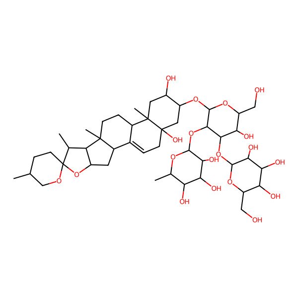 2D Structure of (2S,3R,4R,5R,6S)-2-[(2R,3R,4S,5R,6R)-2-[(2R,4S,5'R,6R,7S,8R,9S,12S,13R,15R,16R,18R)-15,18-dihydroxy-5',7,9,13-tetramethylspiro[5-oxapentacyclo[10.8.0.02,9.04,8.013,18]icos-1(20)-ene-6,2'-oxane]-16-yl]oxy-5-hydroxy-6-(hydroxymethyl)-4-[(2S,3R,4S,5R,6R)-3,4,5-trihydroxy-6-(hydroxymethyl)oxan-2-yl]oxyoxan-3-yl]oxy-6-methyloxane-3,4,5-triol