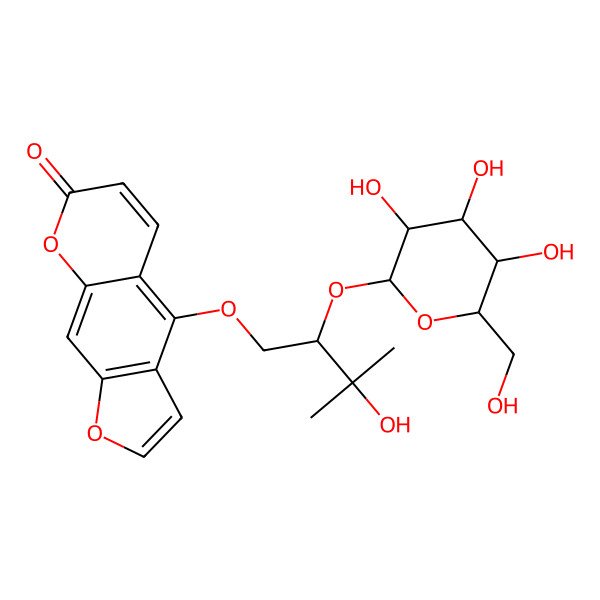 2D Structure of 4-[3-Hydroxy-3-methyl-2-[3,4,5-trihydroxy-6-(hydroxymethyl)oxan-2-yl]oxybutoxy]furo[3,2-g]chromen-7-one