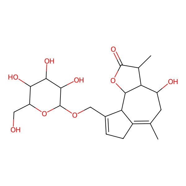2D Structure of 4-hydroxy-3,6-dimethyl-9-[[3,4,5-trihydroxy-6-(hydroxymethyl)oxan-2-yl]oxymethyl]-3a,4,5,7,9a,9b-hexahydro-3H-azuleno[4,5-b]furan-2-one