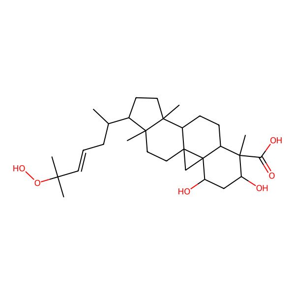 2D Structure of 15-(6-Hydroperoxy-6-methylhept-4-en-2-yl)-4,6-dihydroxy-7,12,16-trimethylpentacyclo[9.7.0.01,3.03,8.012,16]octadecane-7-carboxylic acid