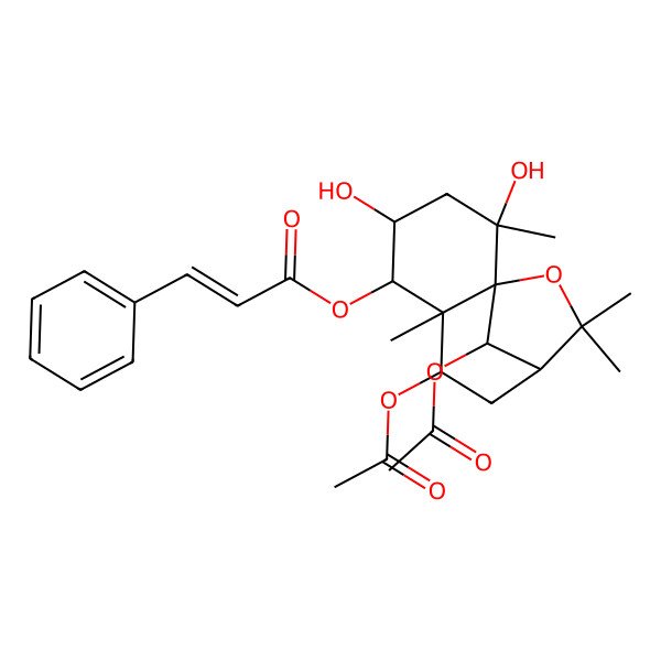 2D Structure of [(1S,2S,4R,5R,6R,7S,9R,12R)-7,12-diacetyloxy-2,4-dihydroxy-2,6,10,10-tetramethyl-11-oxatricyclo[7.2.1.01,6]dodecan-5-yl] (E)-3-phenylprop-2-enoate
