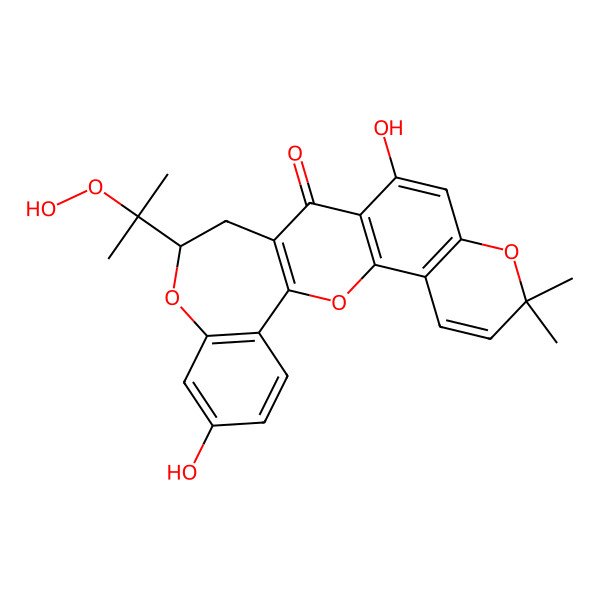 2D Structure of 9-(1-Hydroperoxy-isopropyl)-6,12-dihydroxy-3,3-dimethyl-8H,9H-benzo[f]pyrano[6',5'-8,7]chromeno[3,2-d]oxepin-7-one