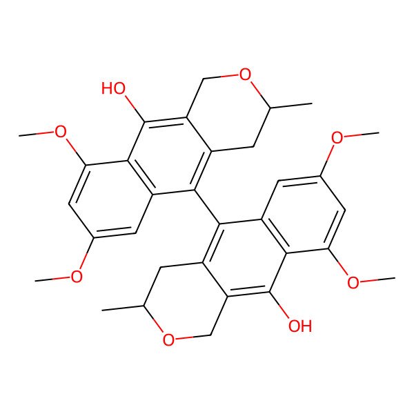 2D Structure of (3R)-5-[(3R)-10-hydroxy-7,9-dimethoxy-3-methyl-3,4-dihydro-1H-benzo[g]isochromen-5-yl]-7,9-dimethoxy-3-methyl-3,4-dihydro-1H-benzo[g]isochromen-10-ol